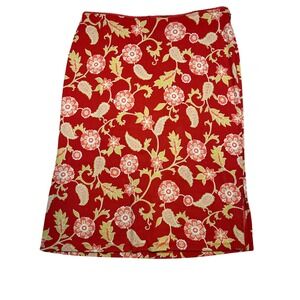 Ann Taylor Red Floral Rayon Midi Skirt Size 12 Side‎ Slit Picot Trim Colorful